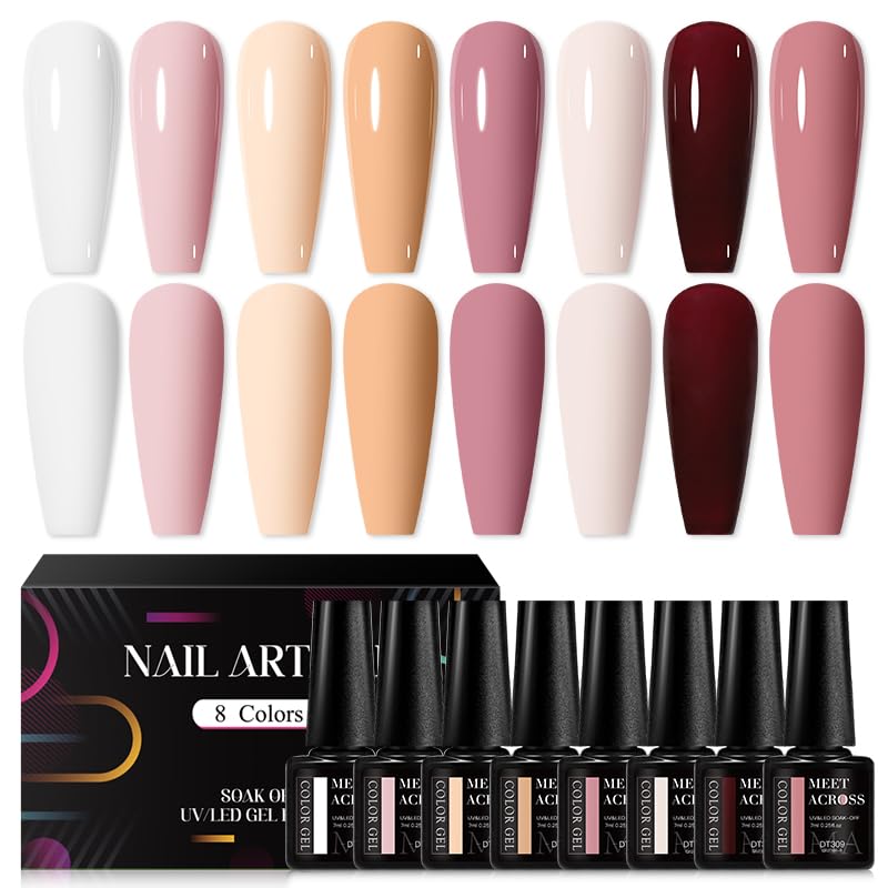 MEET ACROSS8PCS/SET Gel Nail Polish Kit, Nude Gel Polish Color Gel Neutral Nail Art Design Gel Nail Kits Soak Off UV Nail Lamp Cured Nail Manicure DIY Home for Women