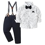 nilikastta Toddler Boy Clothes Boys Gentleman Wedding Outfit Formal Dress Shirt+Bowtie +Suspender Pants 2-3T Navy Blue3