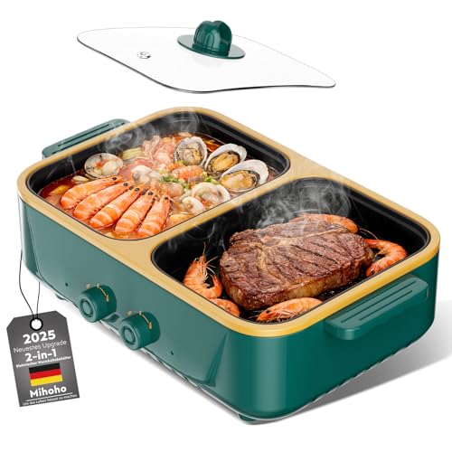Elektrischer 2-in-1-Hotpot und BBQ Grill, 1000W zwei Temperaturstufen, schnelles Aufheizen – Kochgerät für den Innenbereich zum Grillen, Nudeln und mehr – geeignet für bis zu 3 Personen (Grün K)