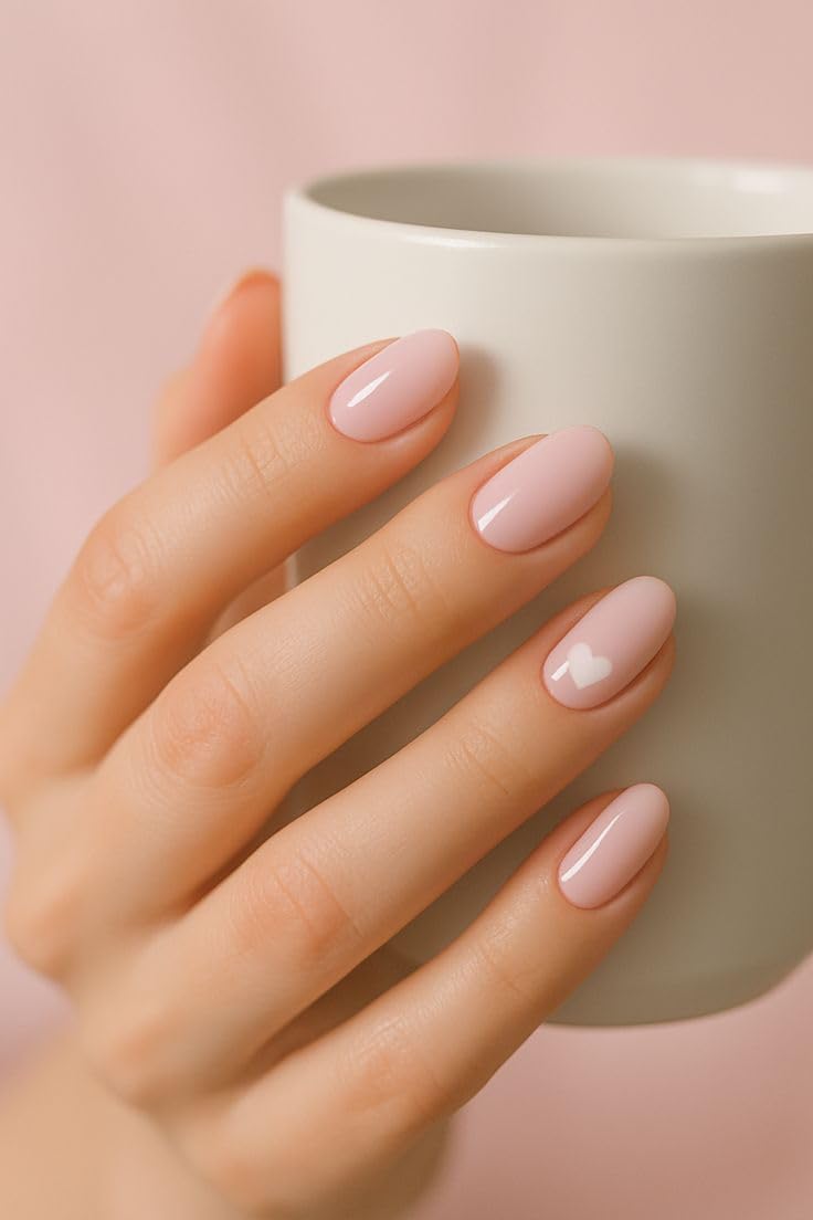 Set Of 14Pc, Press-Ons, Short Round Glossy Light Pink with Cute White Heart Design, Reusable Nail Extensions With Free Glue Kit, Easy Glue Tab Application-image-17