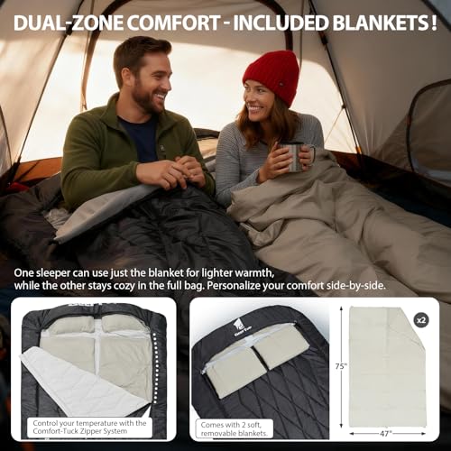 Image of GEERTOP Queen Size Double Sleeping Bag with Blanket for Camping Couples Two Person Adults, Removeable Top Cover 4 Season Backpacking Hiking