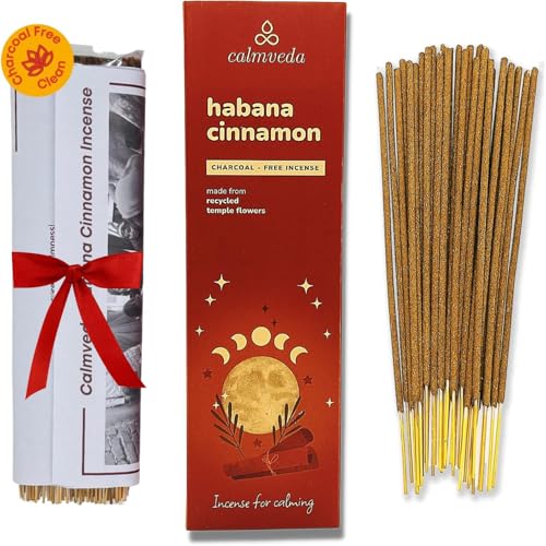 Calmveda Incienso Canela Natural Habana - (80 Varillas de Incienso) Sin Carbón, Hecho con Flores Recicladas | Dulce y Especiado con Tabaco | Perfecto para Regalo de Otoño | Incienso meditacion