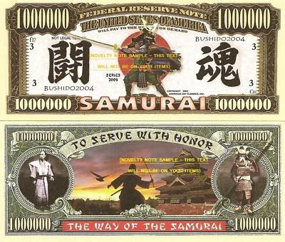 Novelty Dollar Samurai Warrior Japan Bushido Dollar Bills X 2