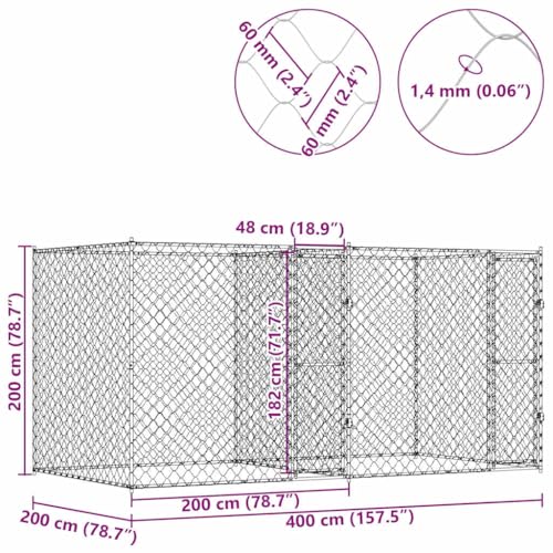 vidaXL Hundekäfig Silber 400 x 200 x 200 cm Verzinkter Stahl, Garten und Terrasse, robusten Hundebox, großes Zwinger, rustikale Tierumzäunung, Auslauf für Hunde