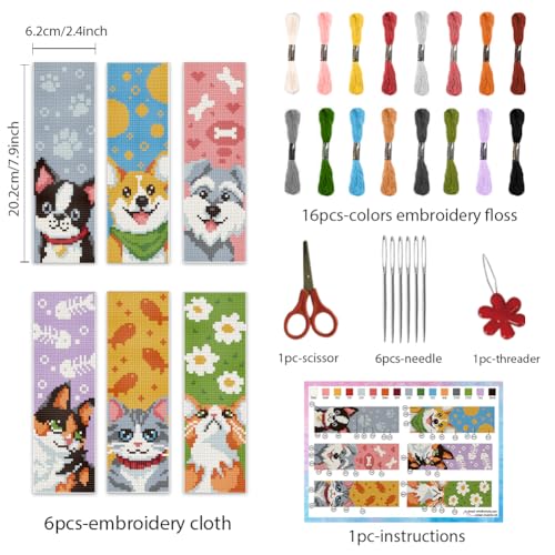 Image of INFUNLY 6PCS Dogs Cats Cross Stitch Bookmark Kit for Beginners 8.66 inchx3.15 inch Animals Stamped Embroidery Bookmark Kit Pet Needlepoint Bookmark Kit with Instruction for Book Lovers Reader Writers