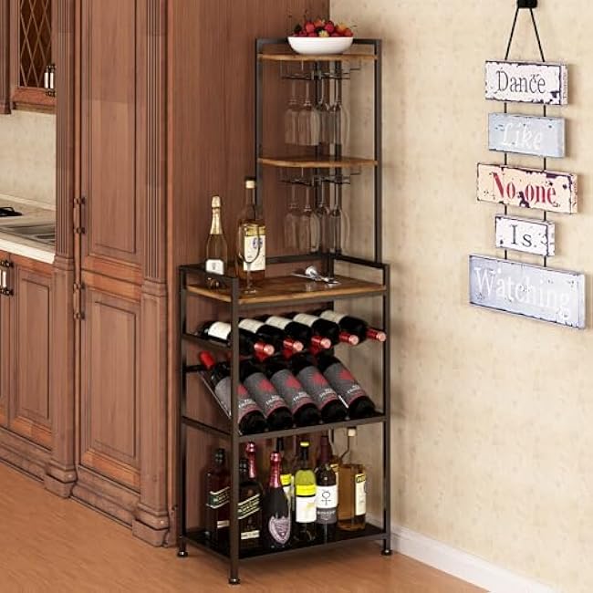 Wisdom Star Corner Wine Rack Freestanding Floor, 6 Tier Wine Bottle Holder with Wine Glass Holder Rack for Bar, Wine Bottle Rack for Living Room, Wine Storage Bar Cabinet for Liquor and Glasses