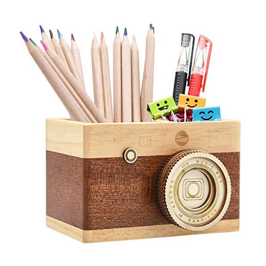Zakka Camera Wooden Pencil Holder Desktop Pencil Holder Vintage Camera Decor Stationary Makeup Organizer Holder for Office Home, Great Gift For Photographers and Students (Long)