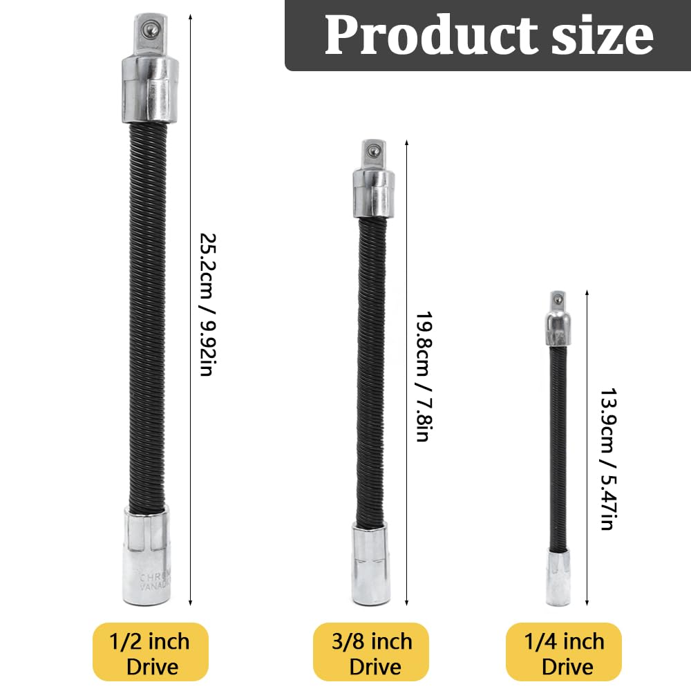 YDHfdc 3 Pcs Flexible Extension Bar Set 1/2" 1/4" 3/8" Flexible Screwdriver Extension Drive Socket Extension Bar Set for Electronic Drill Screwdriver - Image 2