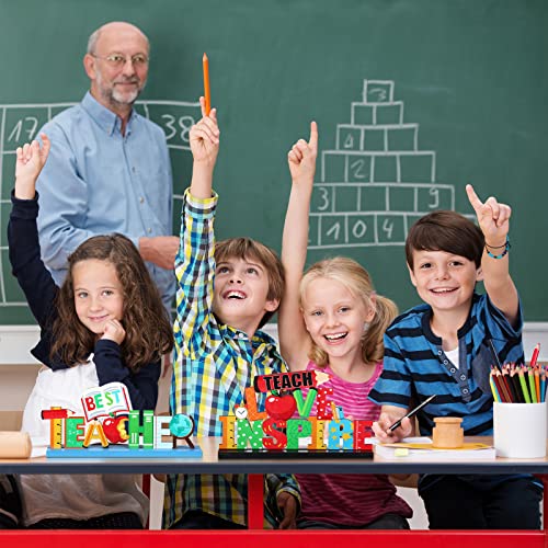 Image of Jetec 4 Pack Teacher Appreciation Table Centerpieces, Wooden Teacher Appreciation Week Table Decorations Wood Desk Signs Thank You Gifts for End of Year Graduation Gifts from Students