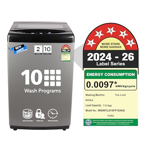 Image of Midea 7.5kg 5-Star Top Load | Fully Auto | Hydrowave Stainless Tub | 10 Programs | 700 RPM | Intelligent Sensors | Auto Tub Clean | Magic Filter | Child Lock | Glass Lid | (MWMTL075FP1ENIG, Inox Grey)