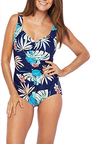Maxine Of Hollywood Women's Shirred Front Girl Leg One Piece Swimsuit, Navy//Hula Leaf, 12