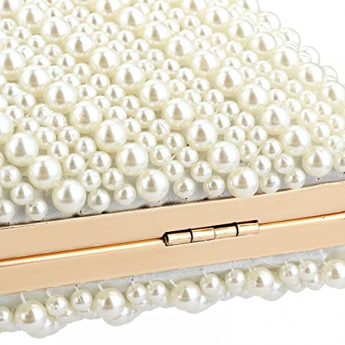 Tmore Women Pearl Clutch Purse Beaded Bride Evening Handbag for Wedding Prom with Chain, White, One Size - Image 7