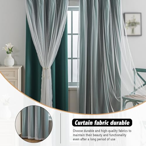 Image of Anytime Double Layer Blackout Curtains 2 Panels， 52Wx84L,Dark Green | Sheer And Fabric Window Drapes Grommet Top Solid Color Bedroom Living Room Home Decor