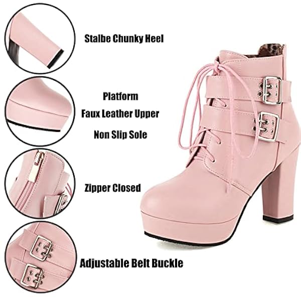 Damesplatform Ankle Boots met verstelbare riemgesp Kace Up Block Heel Combat Boots Zip Knight Laarzen,zwart,43 EU