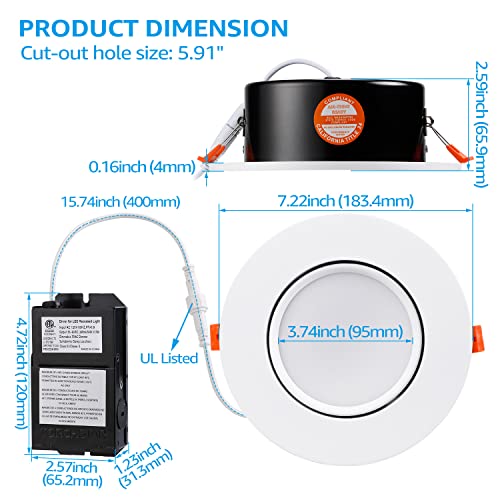 Torchstar 6 Inch Gimbal Led Recessed Lighting With Junction Box, 13.5W Ic Rated Air Tight Directional Swivel Downlight, Cri90+ Dimmable Canless Led Recessed Light, 3000K, Etl, Energy Star, Pack Of 4 #TOP4
