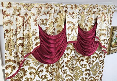 GOHD Samba Star. Jacquard Window Curtain Panel Drape with Attached Fancy Valance and taffeta backing. 2pcs Set. Each pc 54" Wide x 90" Drop with 18" Valance. (BURGUNDY) - Image 3