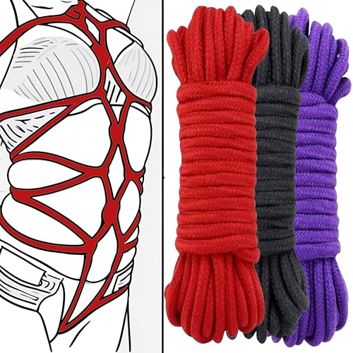 Image of Soft Shibari Bondage Rope, Skin Friendly Thick Soft Cotton BDSM Rope | Black Red 3 x PC 96 Feet