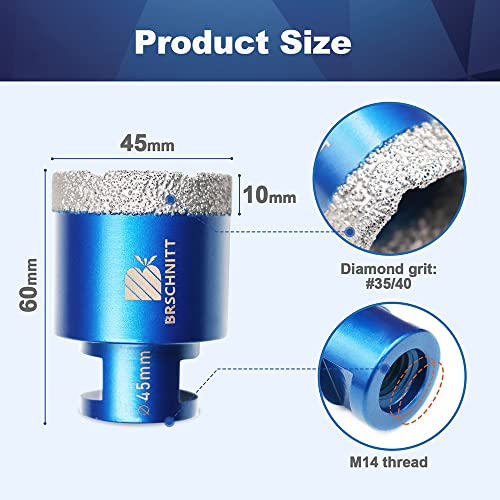 Diamond Drill Bit 45mm,BRSCHNITT 1pc M14 Vacuum Brazed Diamond Tip Drill Bit for Tile Porcelain Stoneware Ceramic Marble Granite Drilling,Suitable For Angle Grinders - Image 2