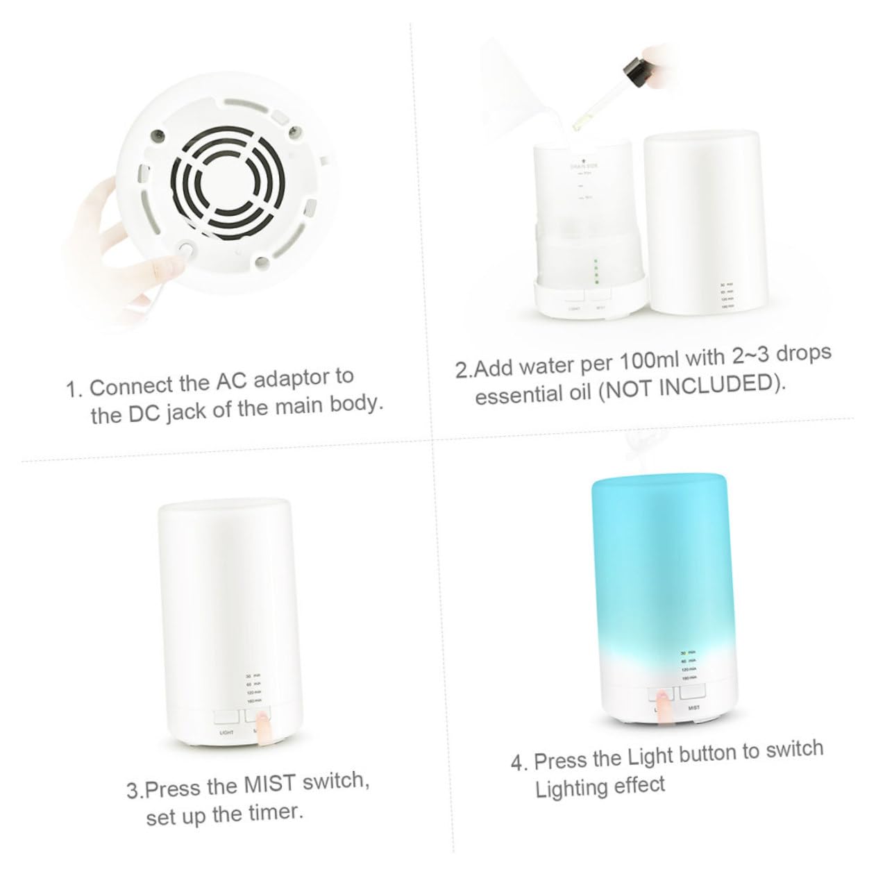 Beaupretty Difusor de Aroma Creativo para Dormitorio y Oficina, Humidificador Silencioso de 70ml Función Decorativa y Material PP Blanco