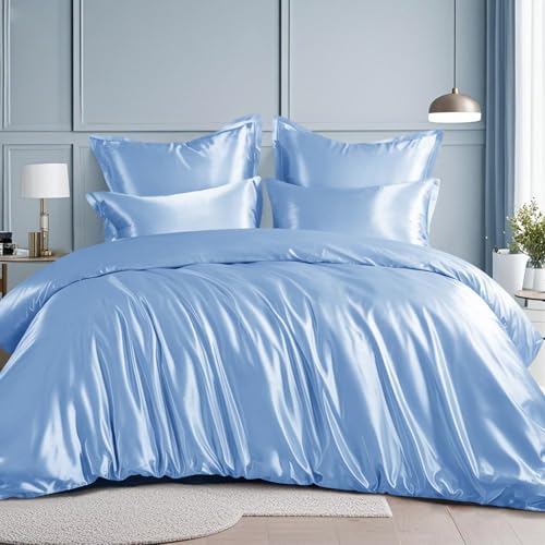 RUIKASI Satin Bettwäsche 220x240 Blau - Seidig Bettbezug mit Glanz wie Seiden Bettwäsche Set Hellblau für Haar und Haut… – Ansicht 1