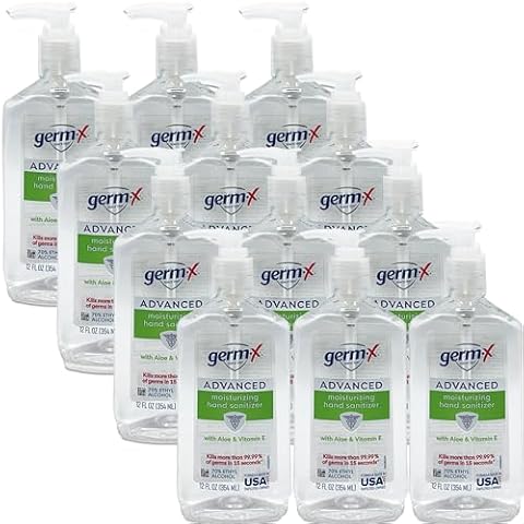 Germ-X Hand Sanitizer, Advanced Moisturizing with Aloe and Vitamin E, Dye Free, Hand Sanitizer Gel with Pump, Hand Sanitizers for School, Classroom, Office, Home, 12 Ounces (Pack of 12) Cover