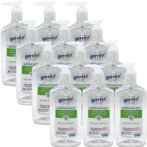 Germ-X Hand Sanitizer, Advanced Moisturizing with Aloe and Vitamin E, Dye Free, Hand Sanitizer Gel with Pump, Hand Sanitizers for School, Classroom, Office, Home, 12 Ounces (Pack of 12)