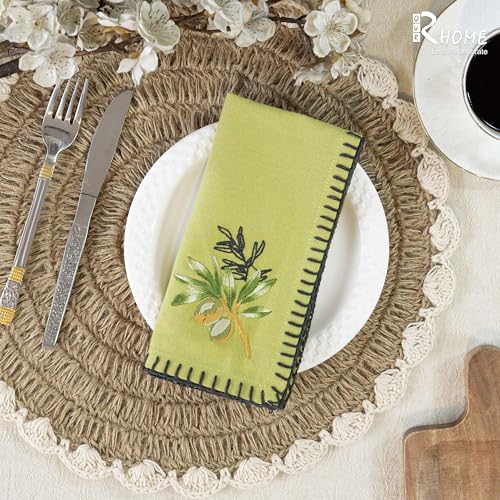 Image of R home Premium Embroidered Cotton Table Napkins Set of 6 Reusable Cloth Dinner Napkins Soft Washable Dining Table Linen Elegant Kitchen Coffee Table Decor (R home Olive sprig, 40X40 CM)