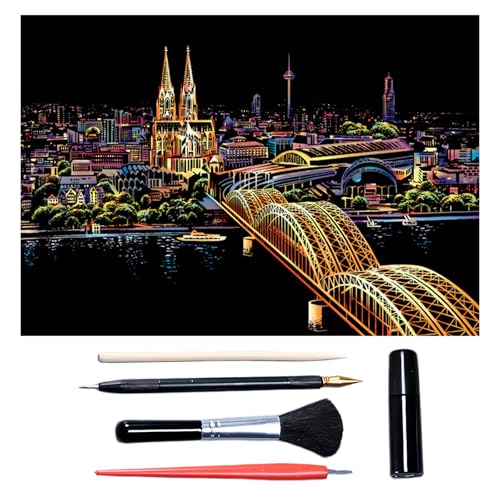 Scratch Art for Adults & Teens 16 x 11.2 Inches, Paint by Scratch Kit Adult Rainbow, Colorful Sketch DIY Night View Scratchboard (Cologne Cathedral)