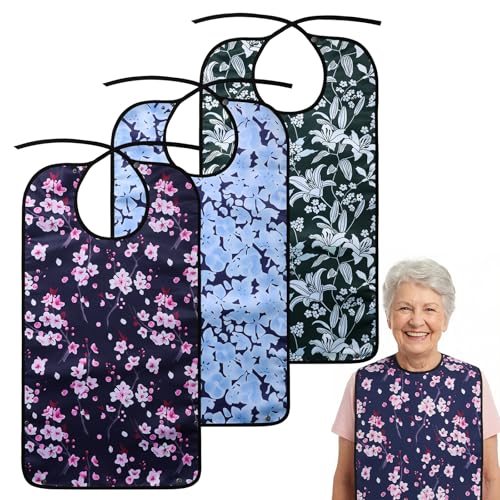 Yafe 3 Pack Adult Bibs for Women Washable and Reusable Waterproof Adult Bib with Crumb Catcher Dinning Bibs For Elderly Clothing Protector