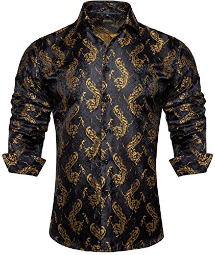 DiBanGu Men's Silk Black Gold Paisley Dress Shirt Casual Formal Long Sleeve Button-Down Shirts for Wedding Party, Gold, M