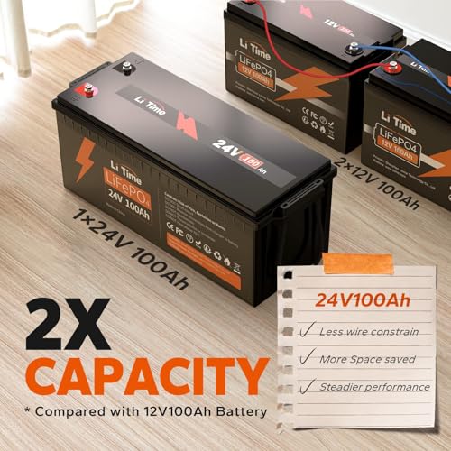 Image of LiTime 2 Pack 24V 100Ah LiFePO4 Lithium Battery, Built-in 100A BMS, 4000+ Deep Cycles for Marine Trolling Motors, Off-Grid RVs, Home Energy Storage