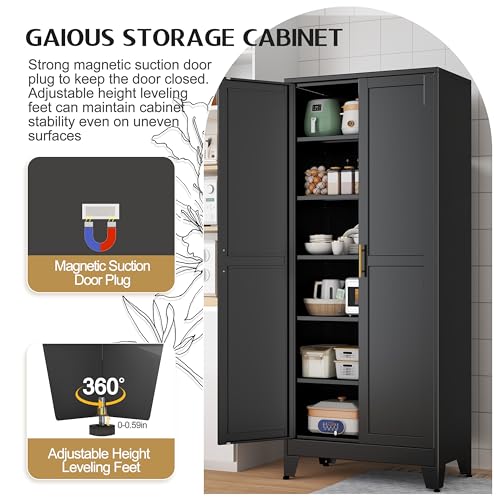 GAIOUS 75.2" Tall Storage Cabinet, Pantry Storage Cabinets with 2 Door and 5 Adjustable Shelves, Black Kitchen Food Cabinet, Metal Utility Cabinets for Kitchen, Dinning Room, Laundry Room - Image 6