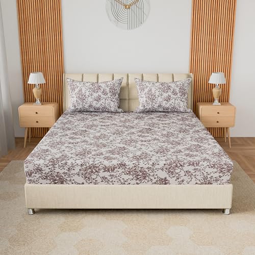 Image of LINENWALAS 100% Cotton 200 TC Queen Fitted Sheet with 2 Pillow Covers | 360 Elastic Bedsheet with 4-8 inch Deep Pocket - Soft Breathable Bedding (60x78 inch, Brown Botanical)