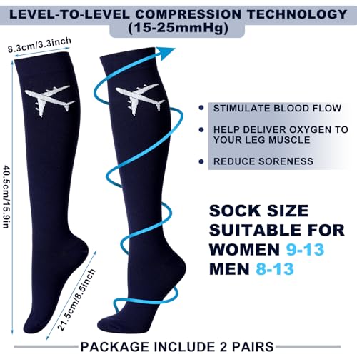2 Pairs Travel Compression Socks for Men Women 15-25 Mmhg Graduated Knee High Compression Socks for Travel and Flight2