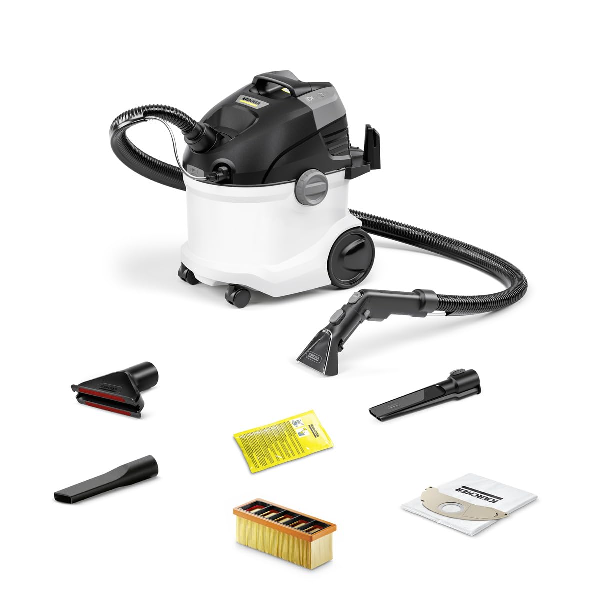 Kärcher Lava-Aspirador SE 5 Car a, Blanco, 1000W, 4L depósito, cable conexion 6m, incluye boquilla ranuras, tapicerías. filtro, bolsa filtro, detergente tapizados, manguera pulverización y aspiración