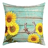 Texas Stars - Funda de almohada con diseño de herradura, funda de almohada rústica occidental de madera verde azulado para sofá del hogar, funda de cojín de girasoles Farmhosue, funda de almohada