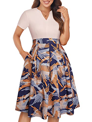 Image of YATHON Womens Elegant Print Notched Neck Slant Pocket Pleated Hem Casual A-Line Dress