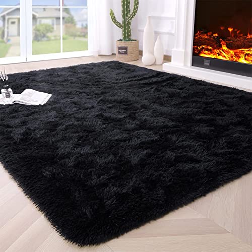 VanderHOME Tapis Doux Salon Chambre sans Perte ni décoloration Tapis De Sol Grand Soft Tapis à Poils Longs Moelleux sans Perte ni décoloration Noir-160 *...