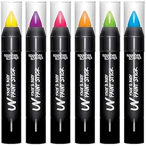 Splashes & Spills UV Face and Body Paint Sticks – UV Body Paint, UV Face Paint for Costume, Cosplay, Theater, Club – Glows Under UV Light – Black Light Paint For All Skin Types (6 Colors)