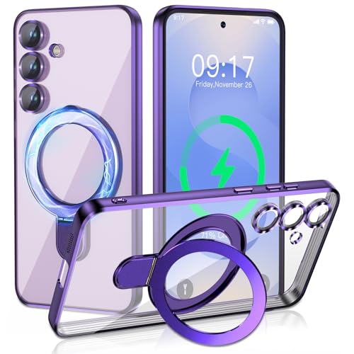 Image of Magnetic Stand & Full Camera Lens Protector Case for Samsung Galaxy S25 FE [Compatible with MagSafe][Military Drop Protective]Not Yellowing Clear Slim Soft S25 FE Phone Case for Women Men,Purple