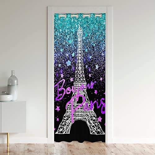 Cortina opaca con estampado de purpurina (sin purpurina), diseño de Torre Eiffel, color morado pastel, cortina para puerta de puerta, privacidad para puerta de armario de París, cortina de puerta de