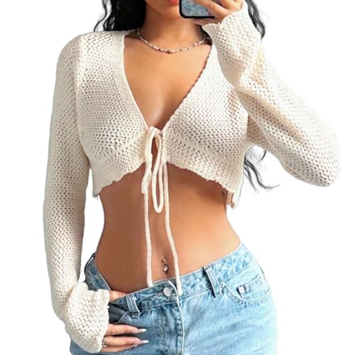 Women Y2k Tie Front Knit Crop Cardigan Casual Long Sleeve V Neck Lettuce Trim Crochet Cropped Cardigan Bolero