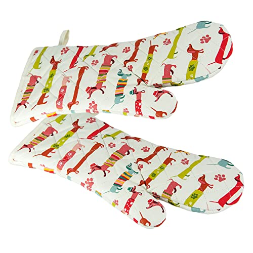SPOTTED DOG GIFT COMPANY - 2 Set Hitzebeständig Lange Ofenhandschuhe Hitzeresistente Topflappen Backhandschuhe aus Qualitäts Baumwolle mit Süß Dachshund Dackel Hund-Motiv für Hundeliebhaber Geschenk Cover