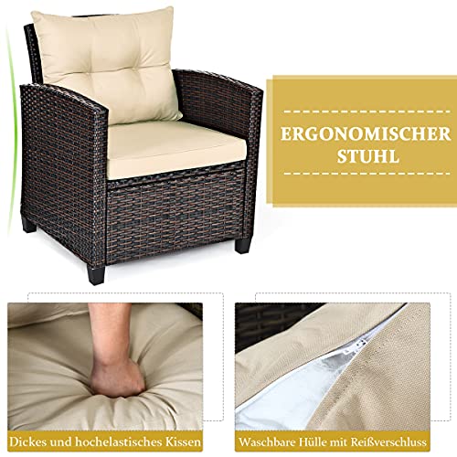 COSTWAY 3-TLG. Polyrattan Lounge Set, Gartenmöbel Rattan Sitzgruppe mit Sitzkissen & Couchtisch, Rattantisch und Stühle… – Bild 5