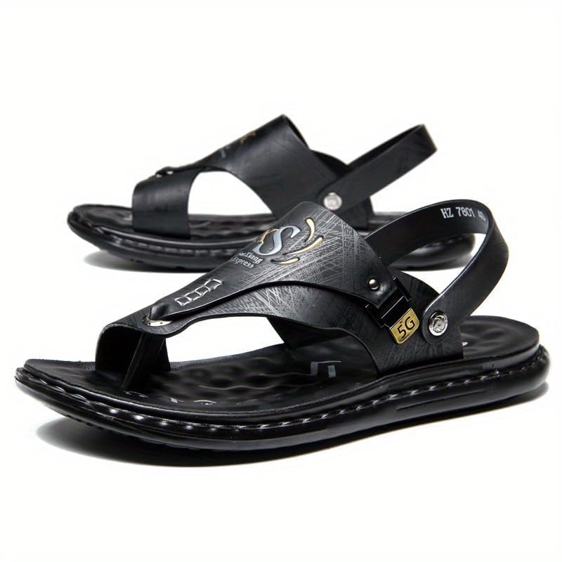 [Casual Sandals] Non-Slip Men's Casual Sandals | Solid Color Faux Slip-On Flip Flops, Round Toe Outdoor Beach Slides, Spring/Summer/Fall Collection2