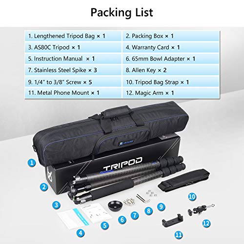 AS80C Kamerastativ aus Kohlefaser, sehr stabil und leicht, professionelles Kamerastativ, maximale Traglast 20 kg, 65 mm… – Bild 8