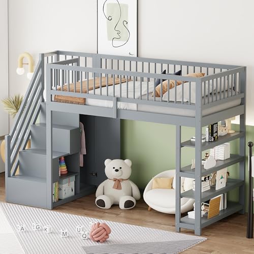 Henjda Litera de 90 x 200 cm, cama infantil con armario, estantes y espacio de almacenamiento con escalera de seguridad, para niños y jóvenes, pino+MDF + madera contrachapada, sin colchón (gris)
