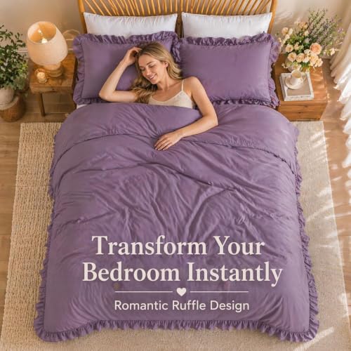 Image of JANZAA Grayish Purple Comforter Set Twin - Soft Microfiber, Lightweight All Season Bedding, Ruffle Shabby Chic Aesthetic, Breathable Cozy Bed Set with 1 Pillow Shams, Machine Washable