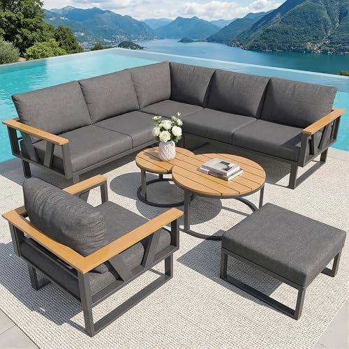 Sapgaks Ensemble de Salon de Jardin extérieur 6-7 Personnes avec Pieds réglables, Base métallique Robuste, Coussins de 9 cm d'épaisseur et 2 Tables en...
