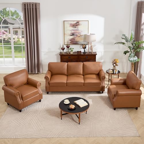 Image of Kingfun 3 Seater Sofa, Mid-Century Modern Faux Leather Couch Set for Living Room, Brown with Rolled Arms & Nailhead Trim, Easy Assembly